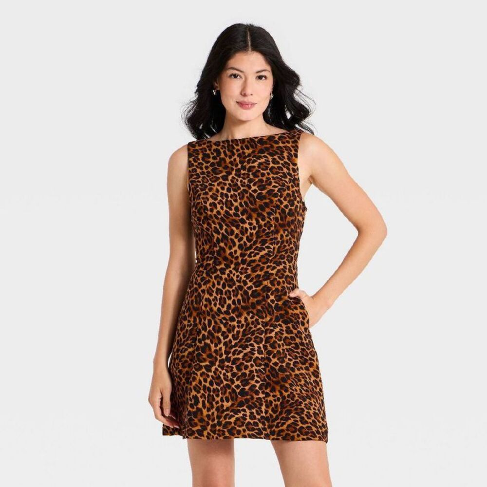Women's Sleeveless Boat Neck Mini Dress - A New Day Cheetah 4